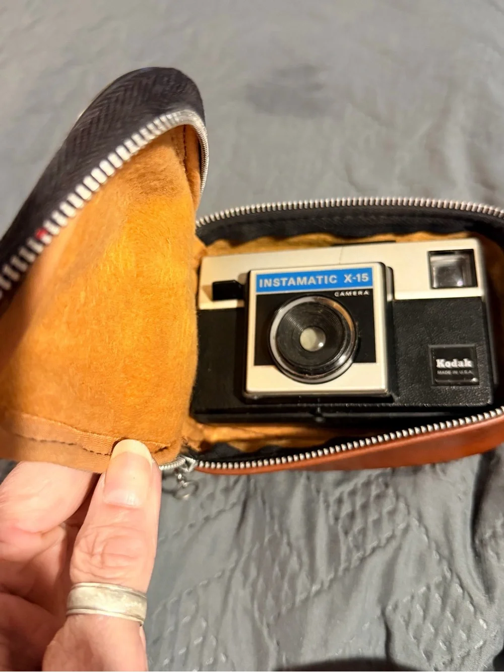Kodak Instamatic X-15 Camera in Black, Cream and Blue with Brown Case